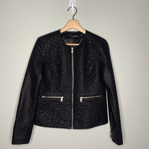 Baccini Black Vegan Leather Moto Jacket • Petite Medium • Edgy Zip Detail NWT - Picture 6 of 10